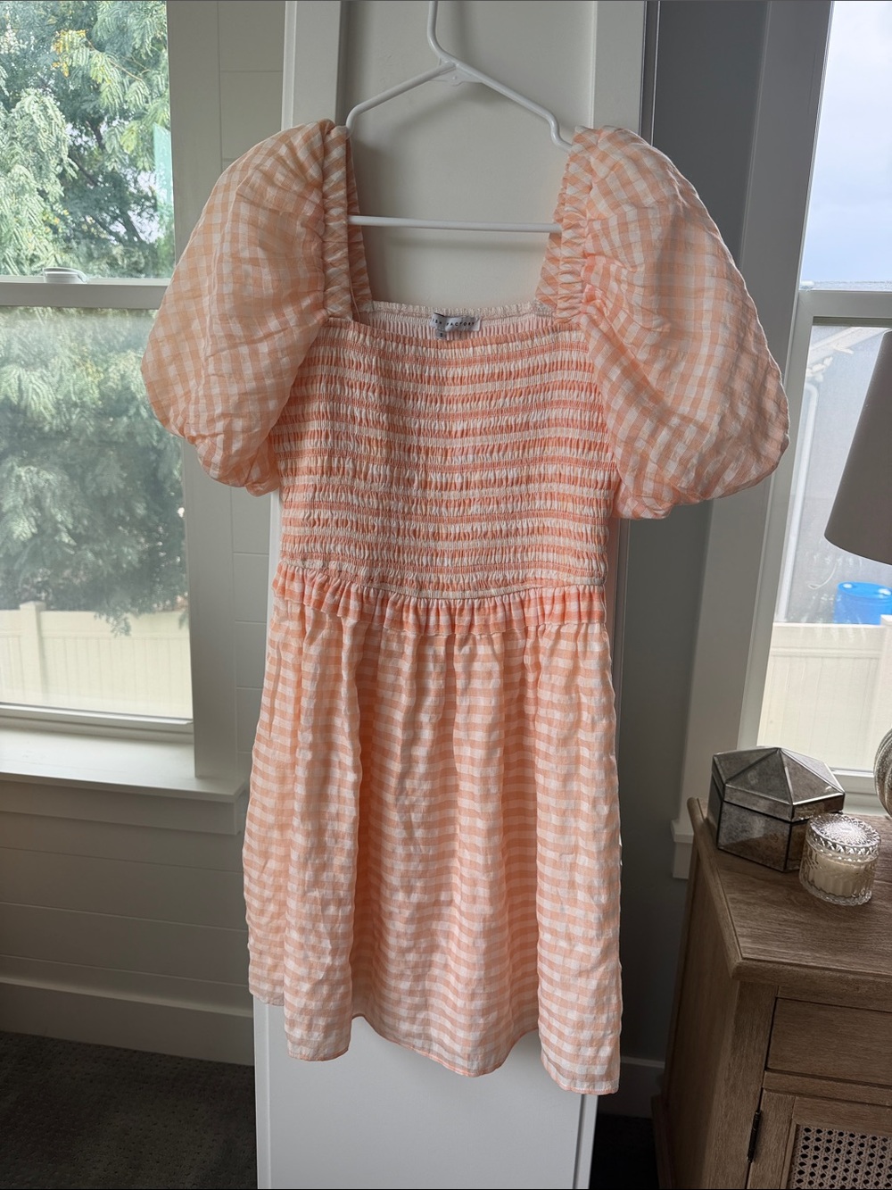 English Factory Plaid Smocked Puff Sleeve Mini Dress Coral Small - Picture 5 of 8